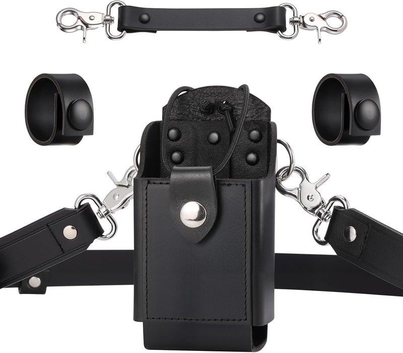 abcGoodefg Leather Radio Holster Set, Firefighter Radio Strap and Holder, Anti-sway Strap, Compatible with Motorola APX Series - for Firefighters, EMT, Police (Black) - Image 1